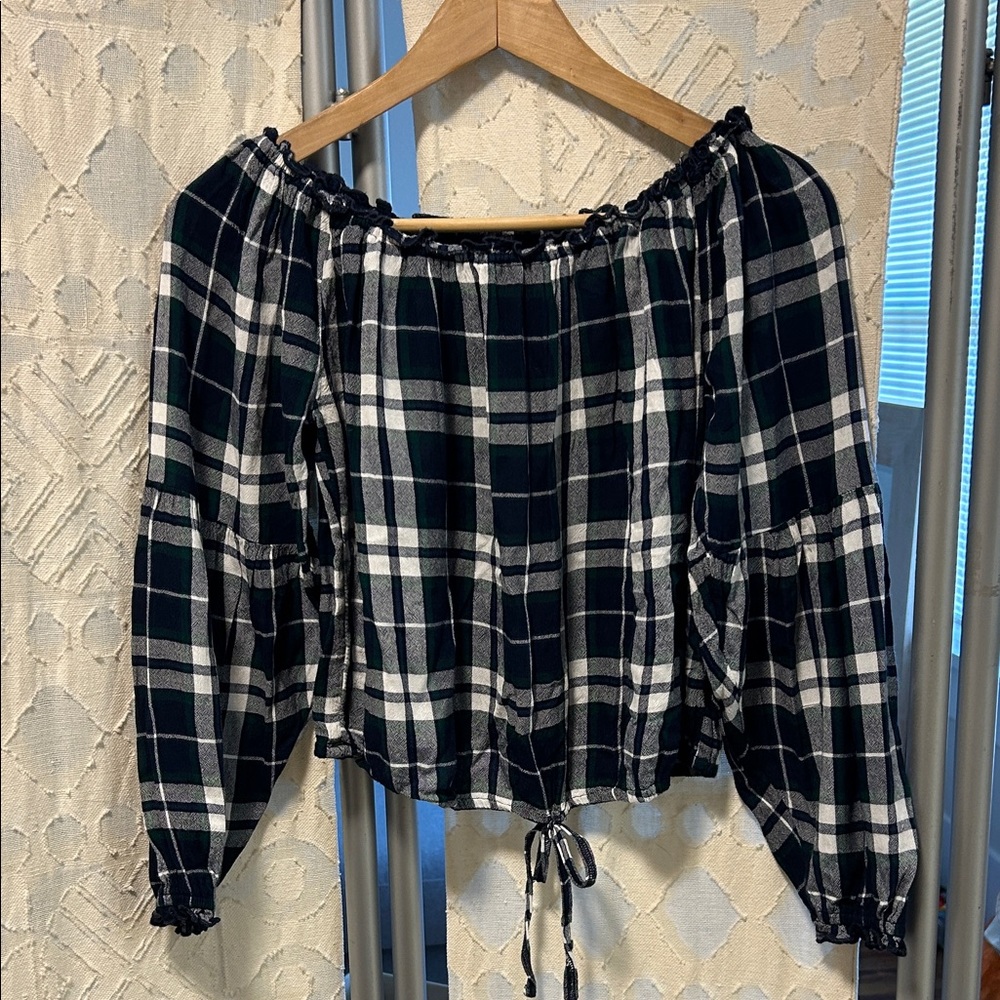 Hollister Navy and White Plaid Off-Shoulder Blouse